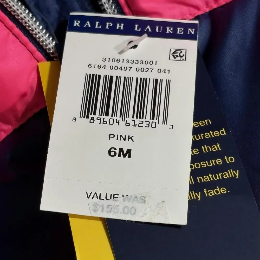 Ralph Lauren Jacket Infant Girls 6M Pink Navy Striped Hooded Down Puffer Winter